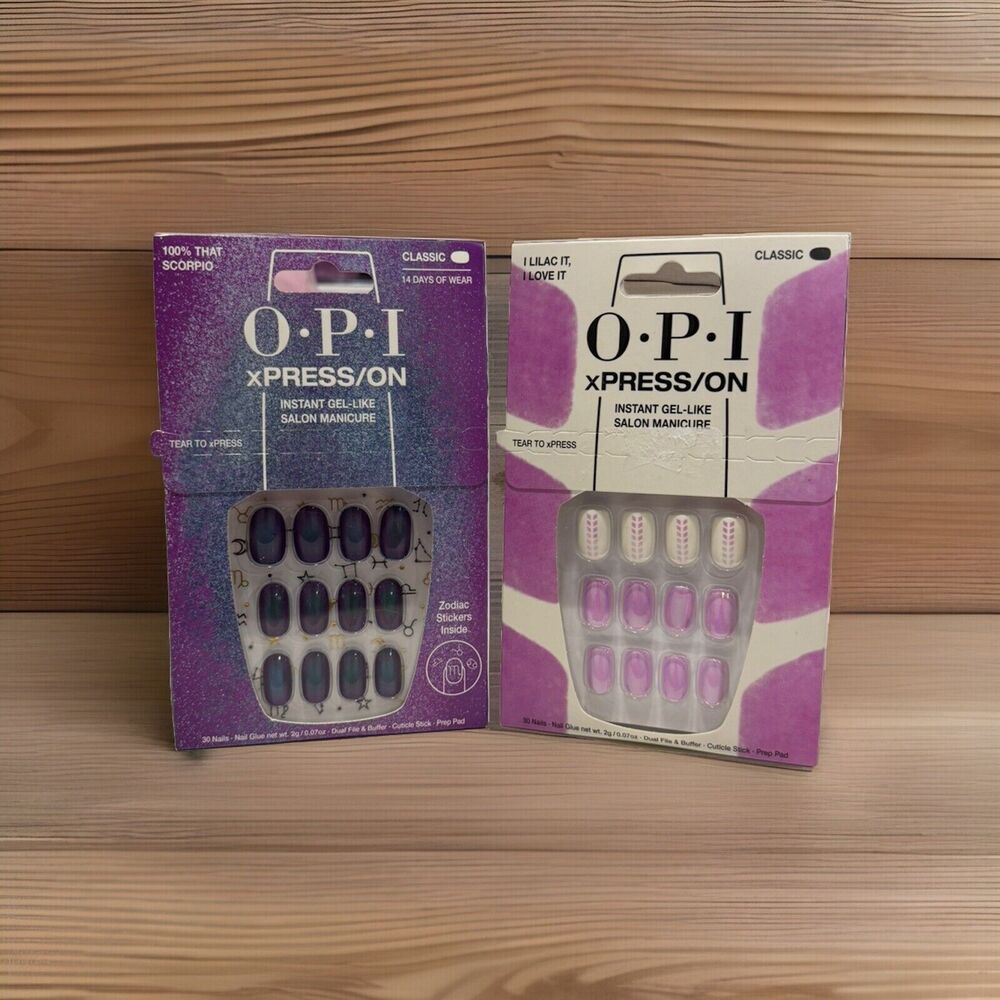 OPI xPress On Press On Nails Lot Of 2 Classic Length 100% That Scorpio & I Lilac